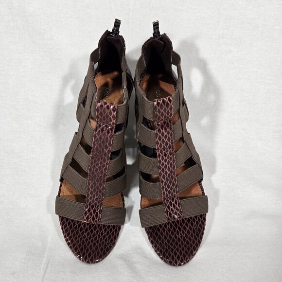 DONALD J PLINER Pira BROWN Watersnake & Stretchy Strappy Ankle Wedge Sandals 8M. - Picture 8 of 17
